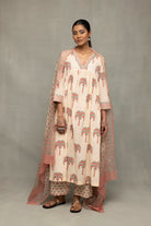 Cream and Pink Hand Block Palm Print Straight Fit Kurta Set for Everyday Wear