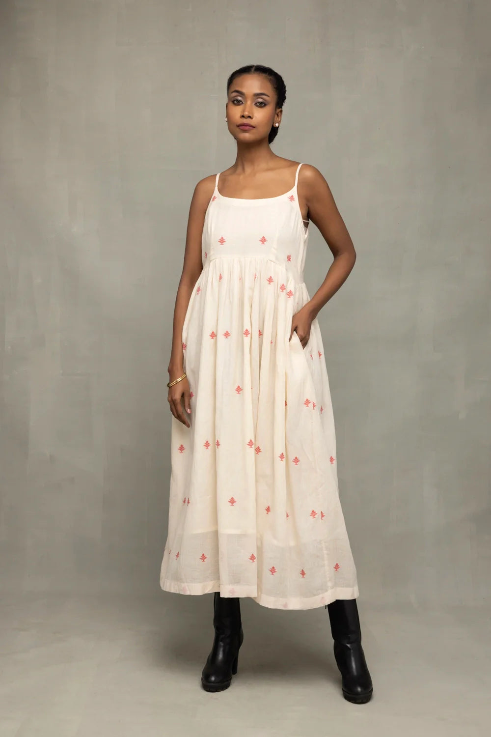 Cream Red Dheki Pure Cotton Jamdani Dress
