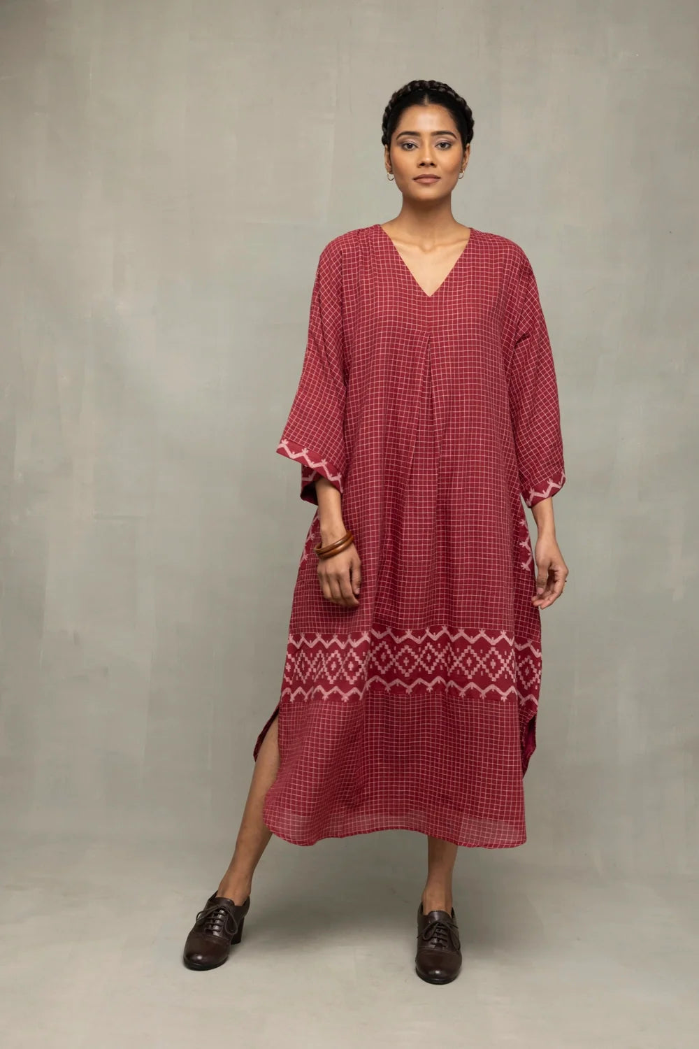 Crimson Checkered Jamdani Kaftan Dress-Sutra Art of Clothing