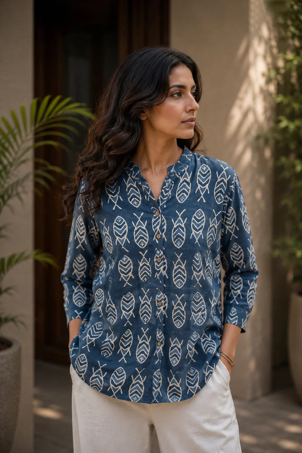 Dark Blue Pure Cotton Fish Block Print Top