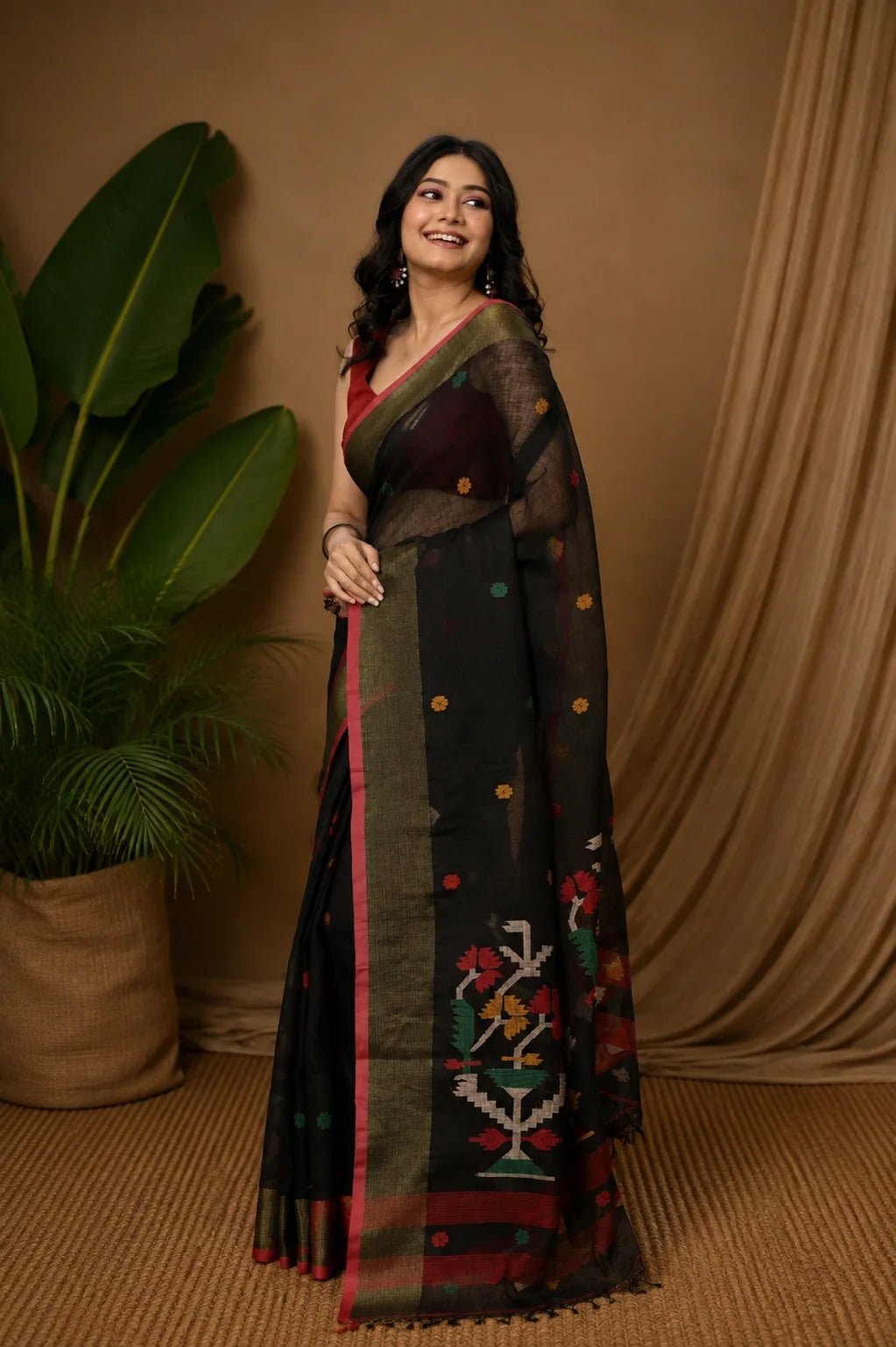 Handloom Black Pure Linen Zari Jamdani Saree-Sutra Art of Clothing
