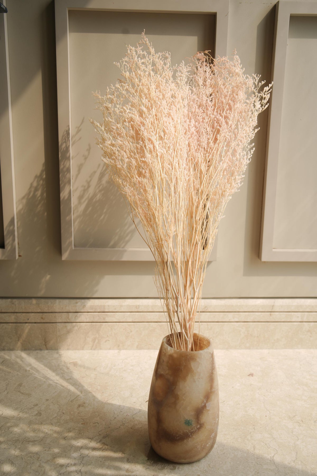White Peach Dual Colour Limonium Dried Flowers in Decorative Vase