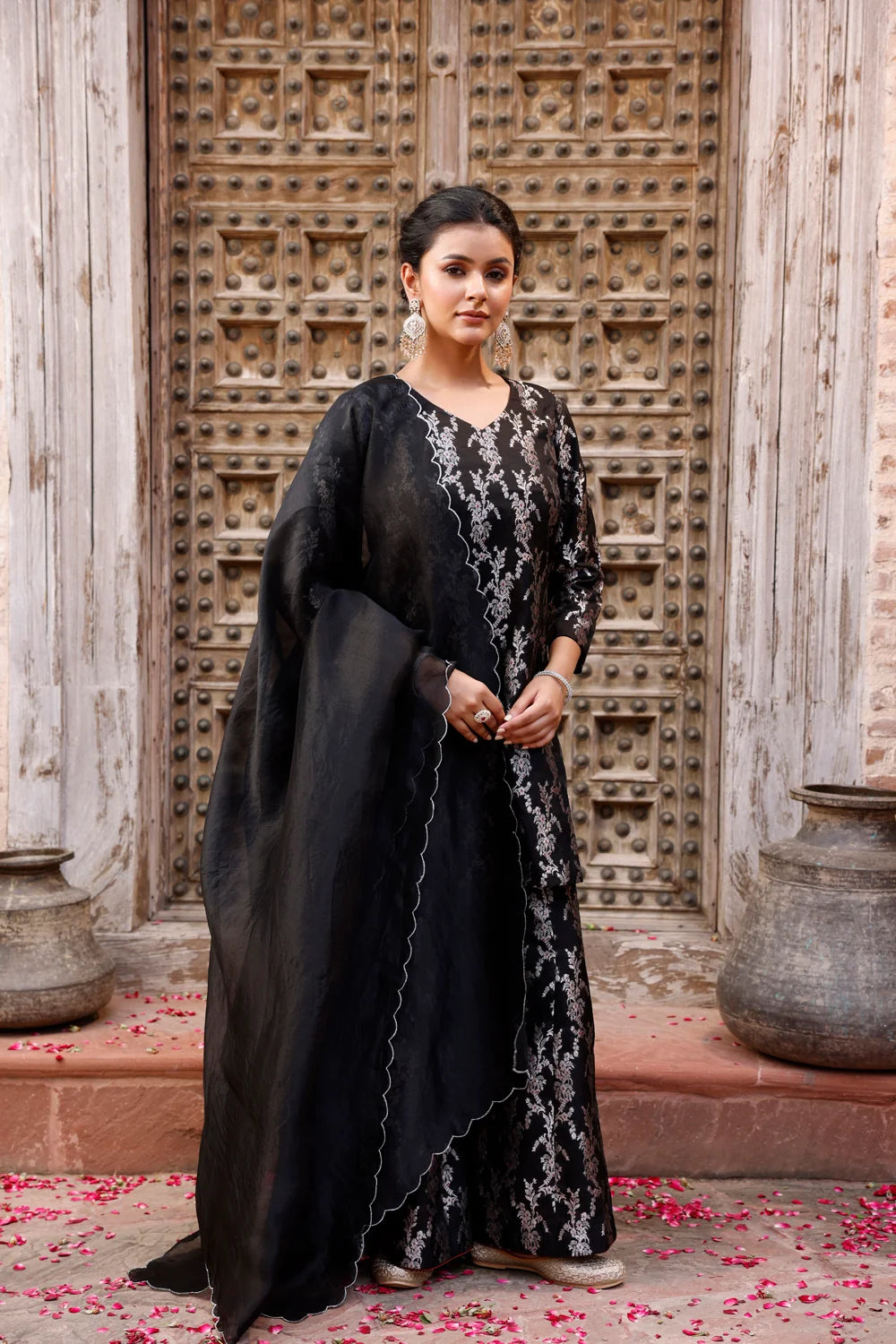 Elegant Black Banarasi Silk Sharara with Dupatta for Festive Wear