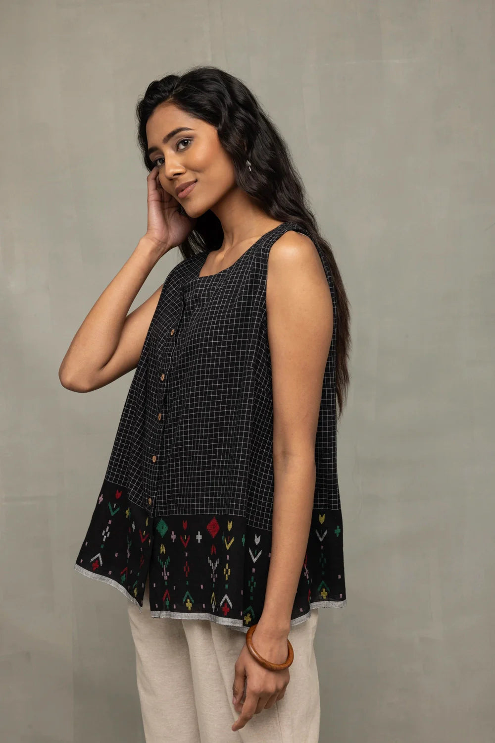 Elegant Black Checkered Jamdani Handwoven Top for Office Wear