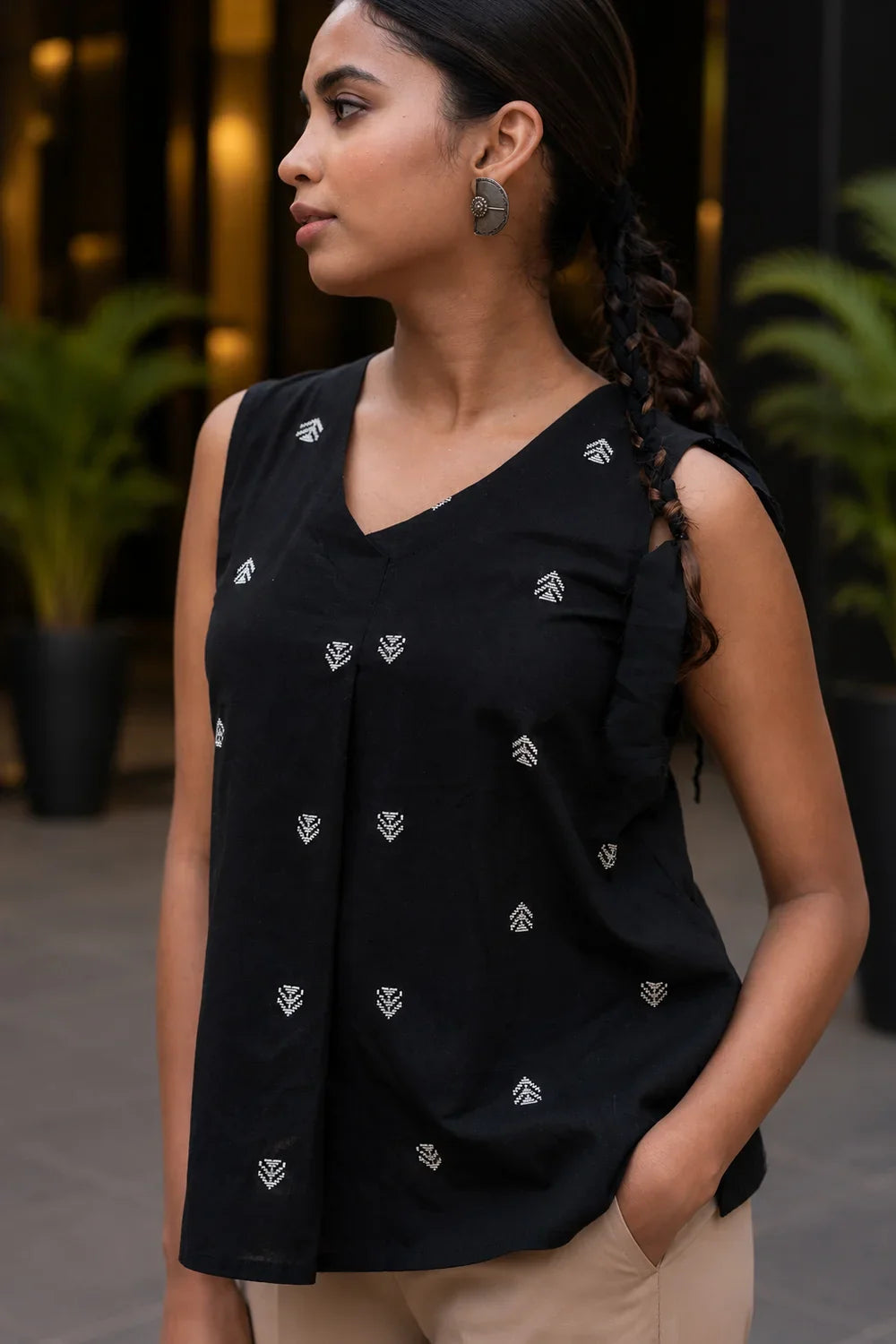 Elegant Black and White Cotton Woven Top for Office and Ethnic Wear