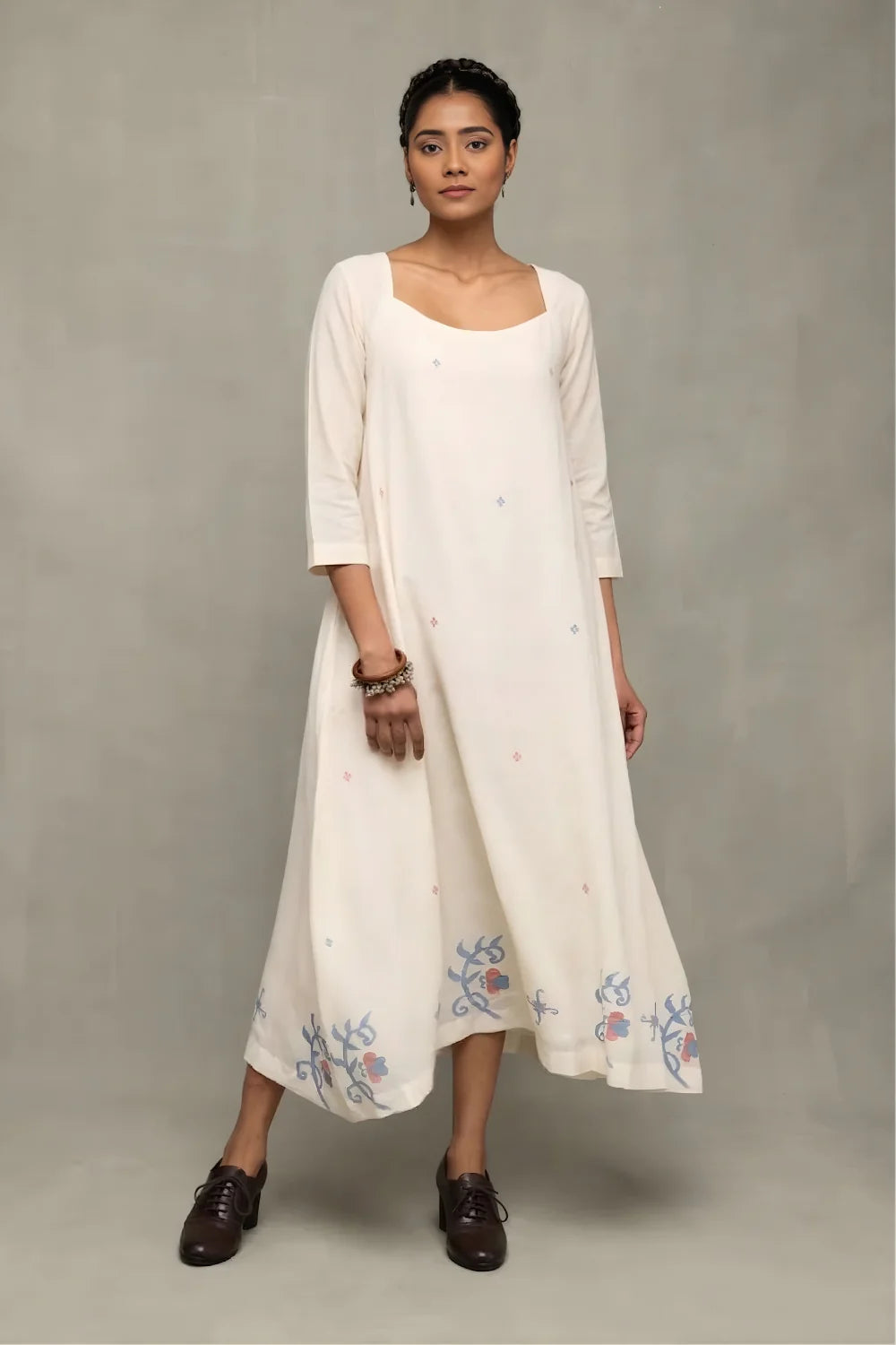 Elegant Cream Pure Cotton Jamdani Dress for Festive Wear