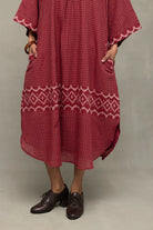 Elegant Crimson Checkered Jamdani Kaftan Dress for Festive Wear