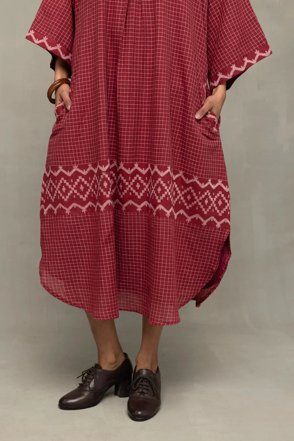 Crimson Checkered Jamdani Kaftan Dress-Sutra Art of Clothing