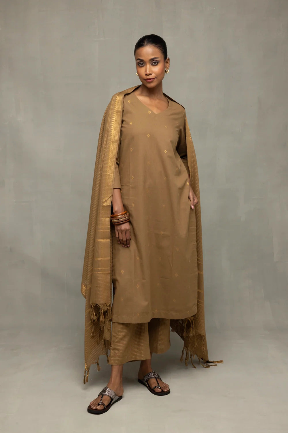 Elegant Damp Sand Kurta Set with Dupatta for Festive Wear