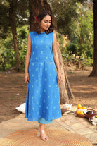 Elegant Dark Blue Butterfly Woven Kurta with Malai Cotton Pant Set for Festive Wear