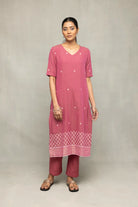 Elegant Dusty Rose Jamdani Kurta Set with Dupatta for Festive Wear
