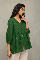 Elegant Forest Green Jamdani Handwoven Top for Festive and Ethnic Wear