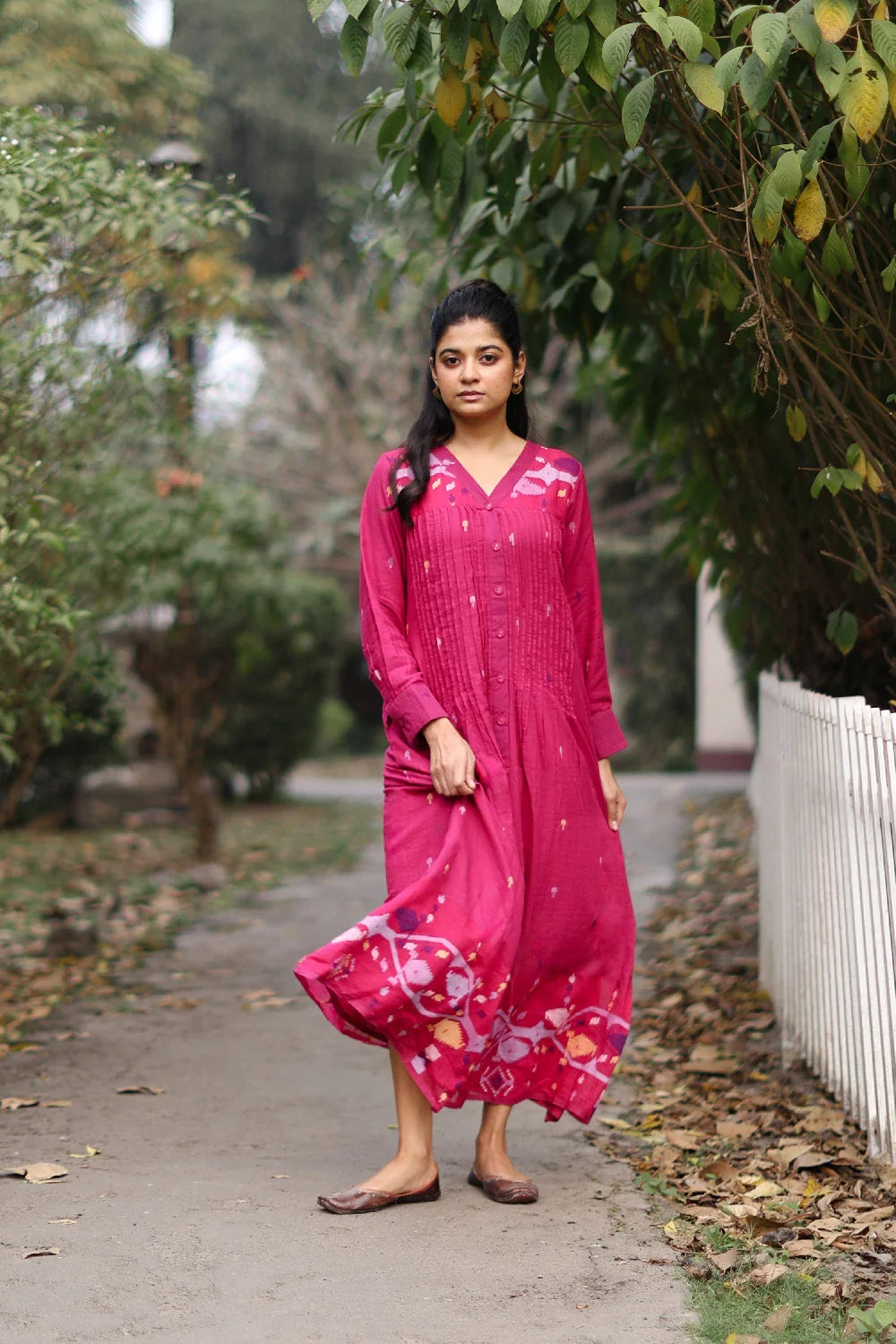 Elegant Fuchsia Pink Jamdani Dress with Silk Woven Border for Festive Wear