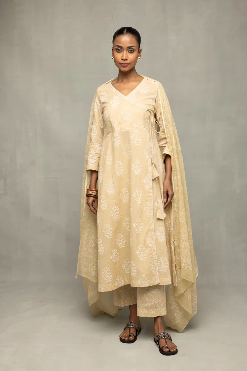 Elegant Gold Hand Block Printed Angrakha Kurta Set for Festive Wear