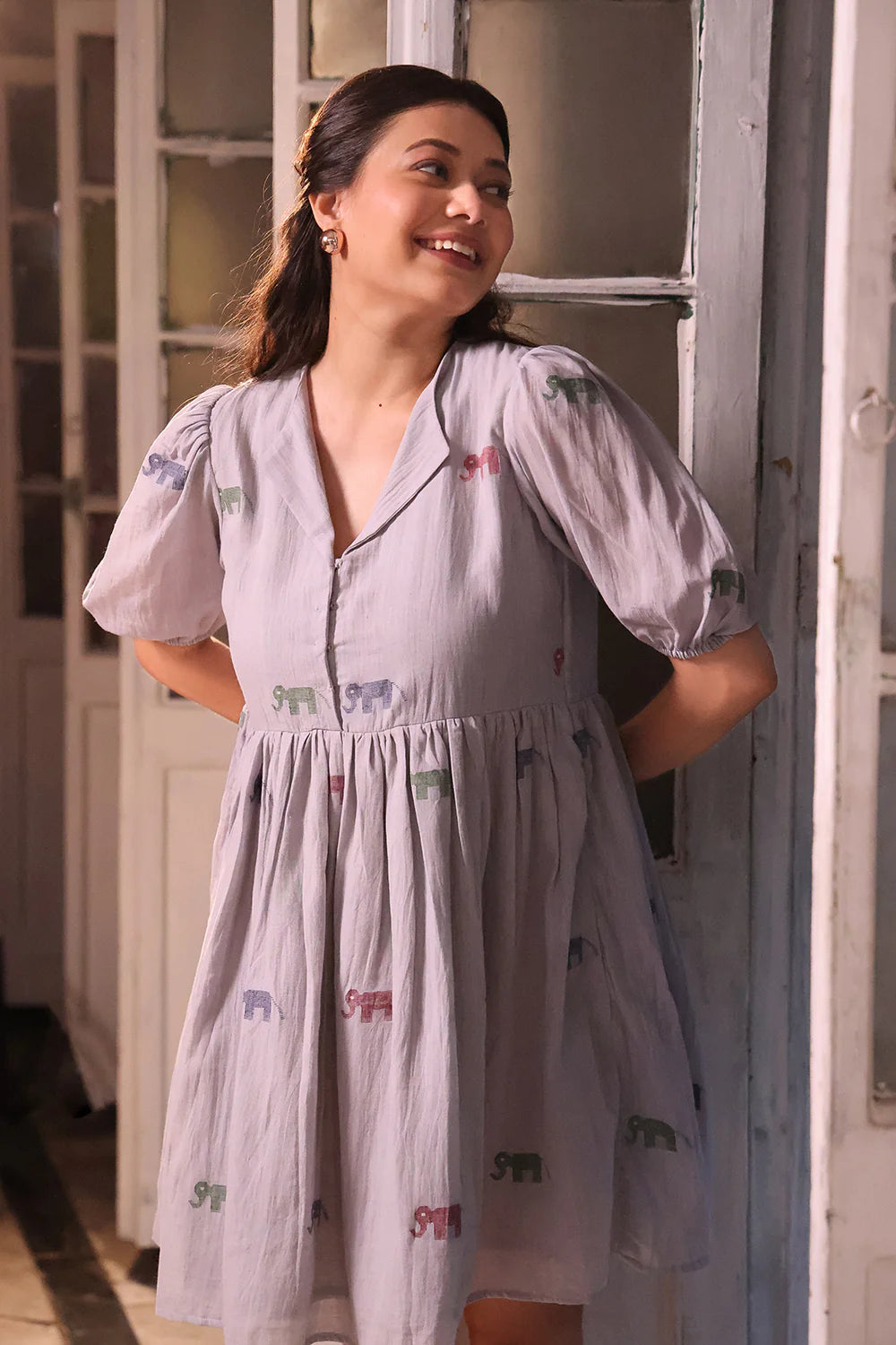Elegant Grey Safari Jamdani Cotton Dress for Festive and Ethnic Wear