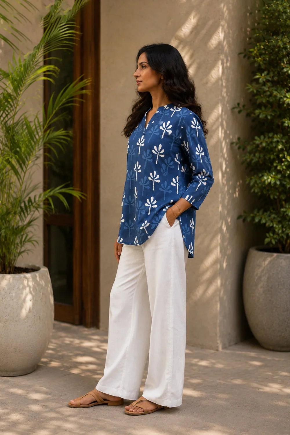Elegant Indigo Blue Floral Block Print Pure Cotton Top for Summer Wear