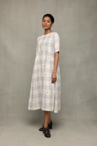 Elegant Ivory and Blue Checkered Jamdani Dress for Festive Wear