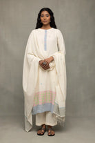 Elegant Ivory Jamdani Kurta Set with Stripes Dupatta for Festive Wear