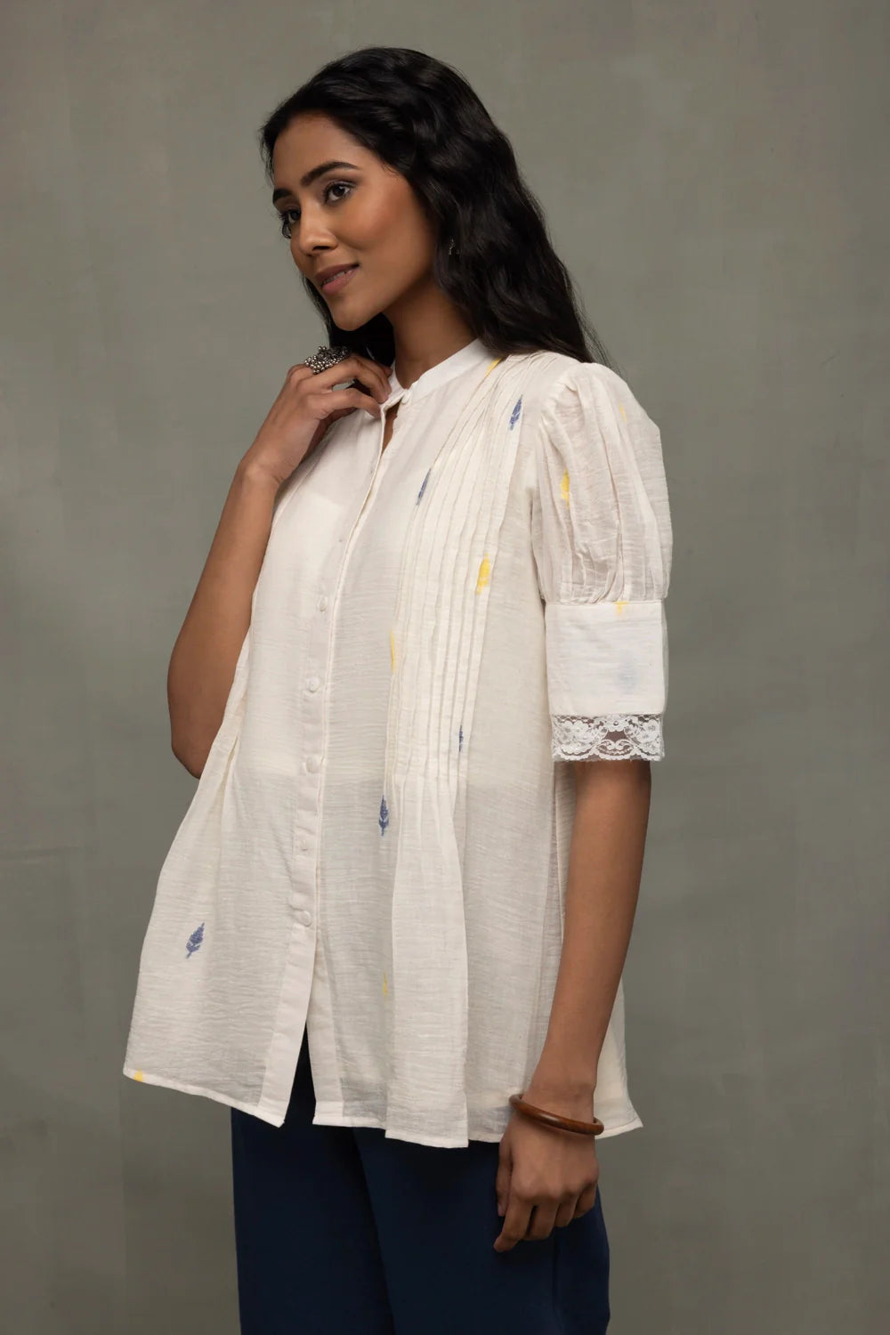 Elegant Ivory Jamdani Puff Sleeve Shirt Top for Casual Everyday Wear