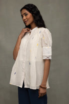 Elegant Ivory Jamdani Puff Sleeve Shirt Top for Casual Everyday Wear