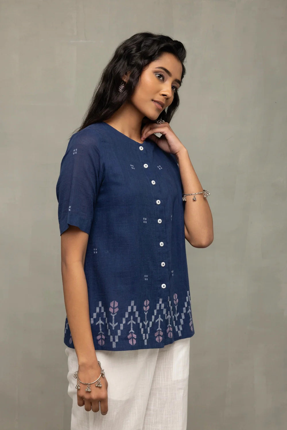 Elegant Ocean Blue Jamdani Handwoven Top for Festive and Ethnic Wear