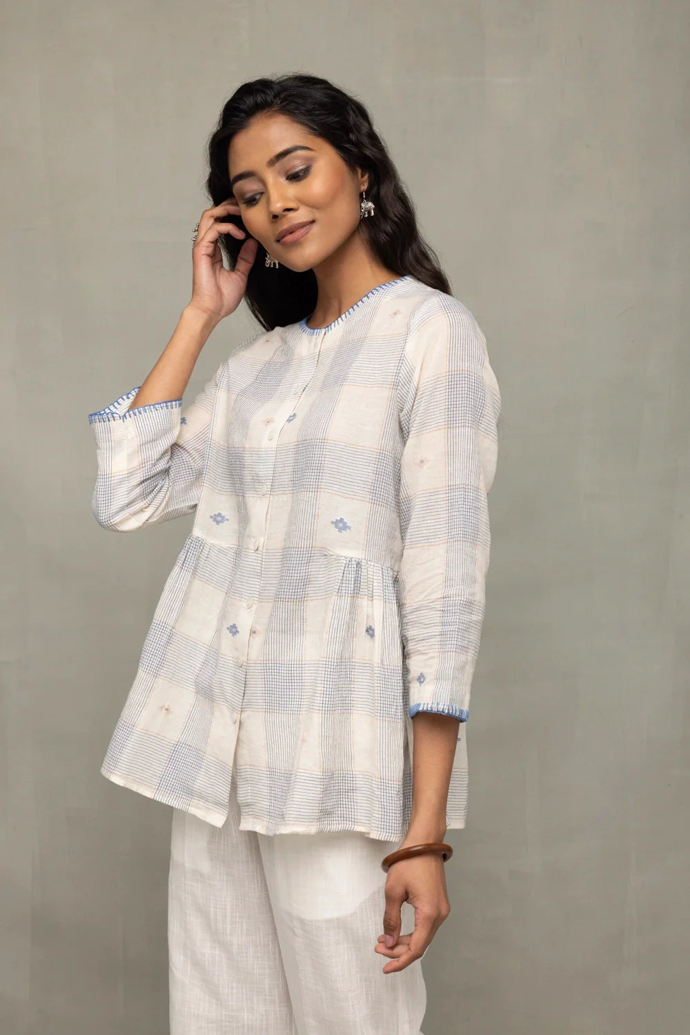 Elegant Off White Blue Check Jamdani Top with Zari Motifs for Festive Wear