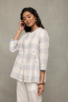 Elegant Off White Blue Check Jamdani Top with Zari Motifs for Festive Wear