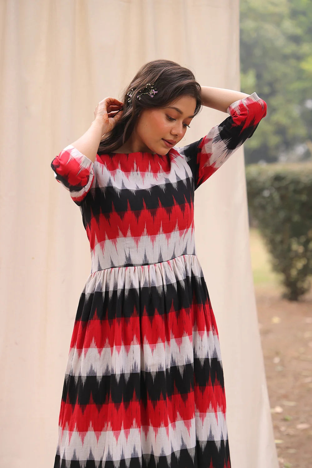 Elegant Rhythmic Black Ikkat Cotton Dress for Festive and Ethnic Wear