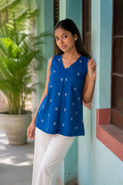 Elegant Royal Blue South Cotton Woven Top for Festive and Ethnic Wear