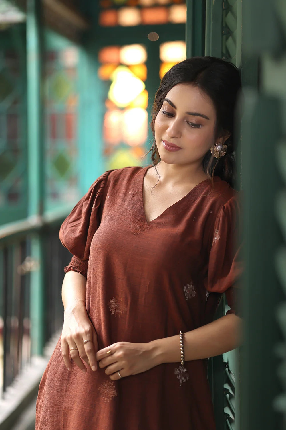 elegant-rust-radiance-jamdani-dress-for-festive-wear