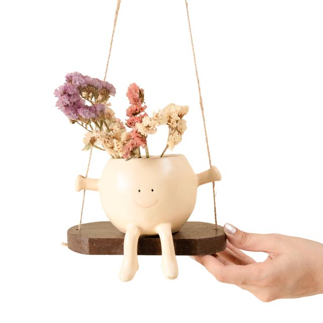 Modern Elegant Swing Planter with Resin Pot and Wooden Swing Stand