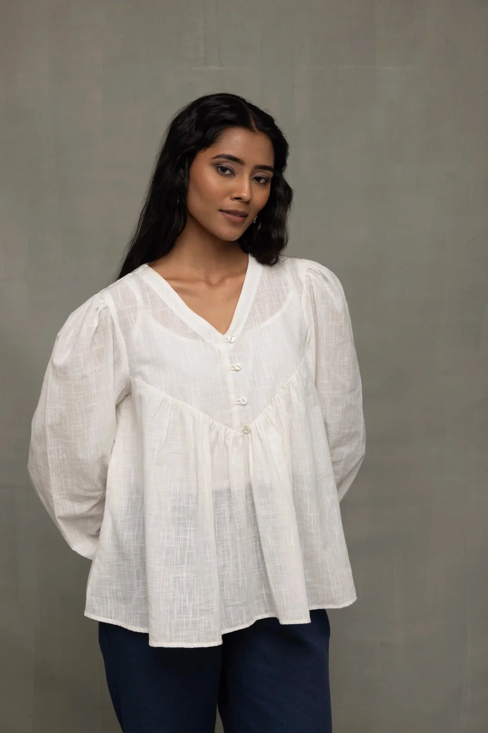 Elegant White Cotton Gathered Top for Casual Summer Wear