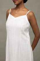 Elegant White Silver Stripe Pure Cotton Dress for Festive Wear