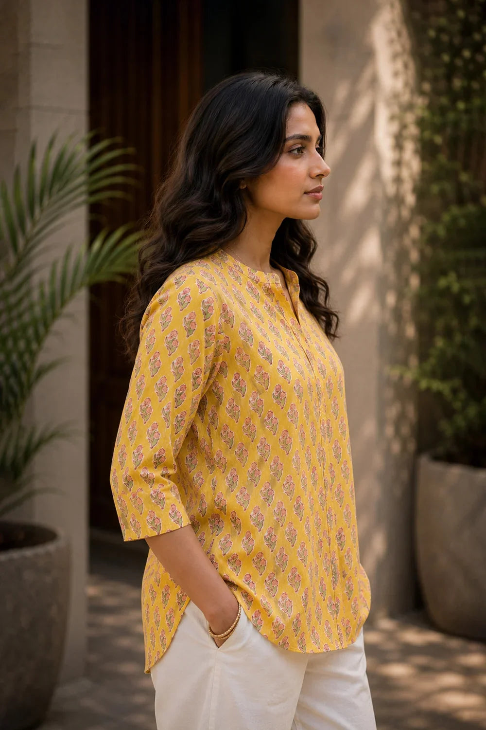 Elegant Yellow and Pink Floral Block Print Pure Cotton Top for Summer Wear