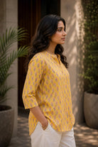 Elegant Yellow and Pink Floral Block Print Pure Cotton Top for Summer Wear
