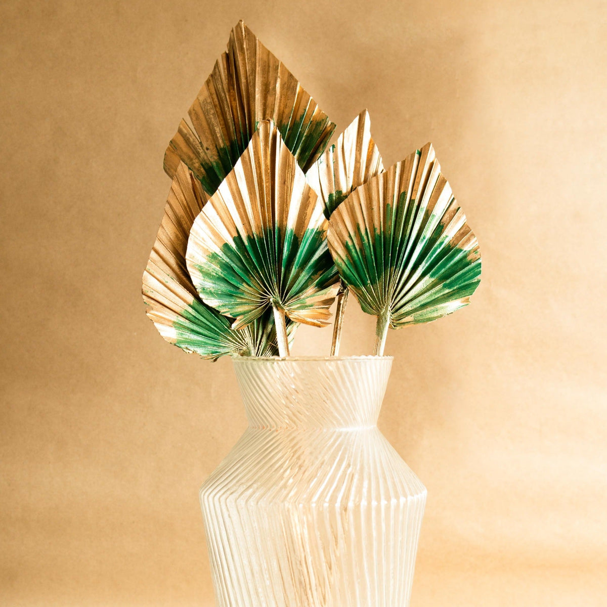 Golden green dual tone palm leaves used for aesthetic home decor and modern interior styling