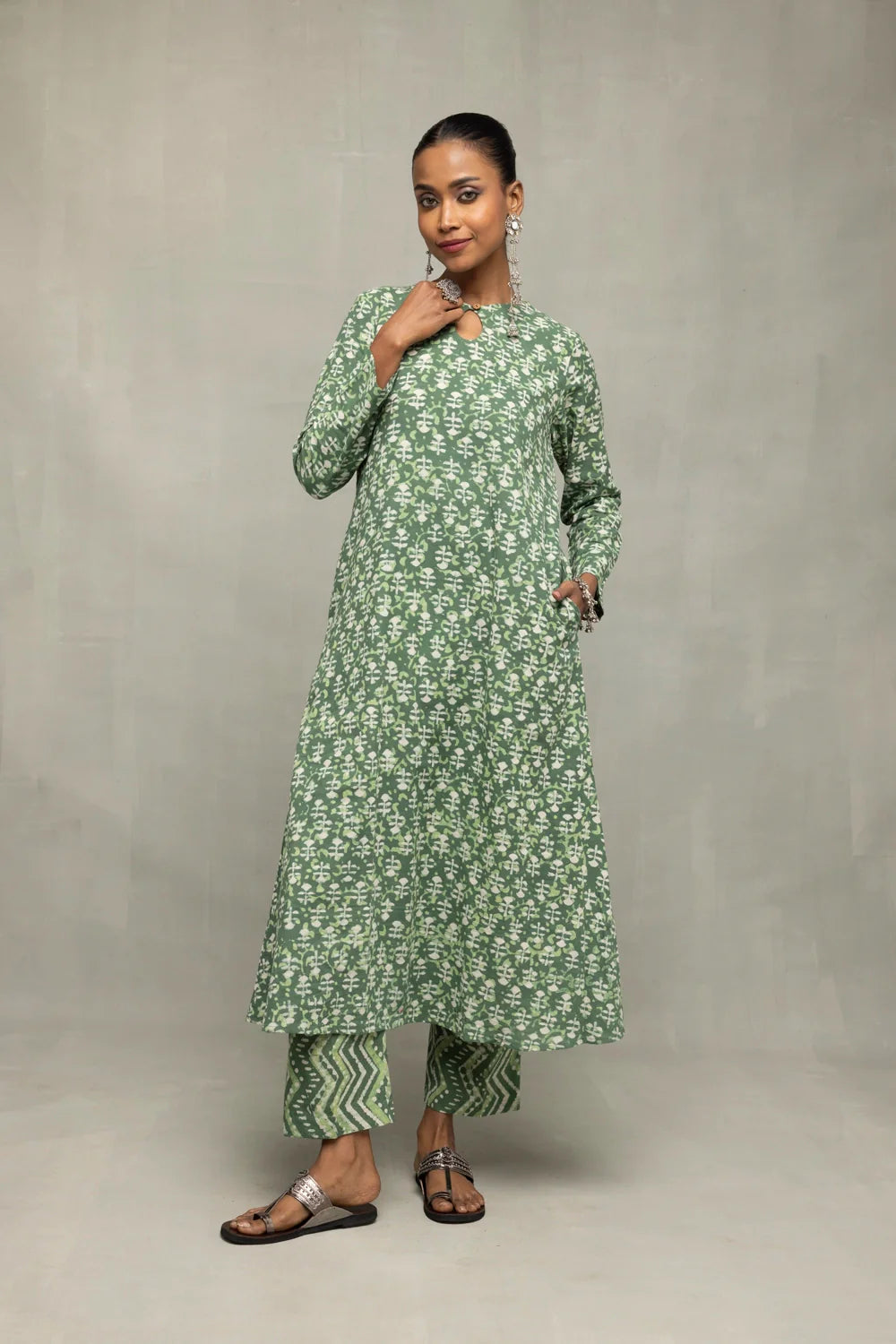 Green Pure Cotton Floral Block Print Kurta Set