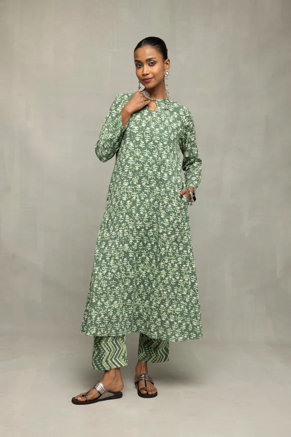 Green Pure Cotton Floral Block Print Kurta Set