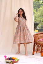 Handcrafted Beige Floral Block Print Cotton Dress for Casual Everyday Wear