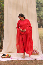 Handcrafted Candy Red Soft Cotton Silk Woven Kurta Set for Office Wear