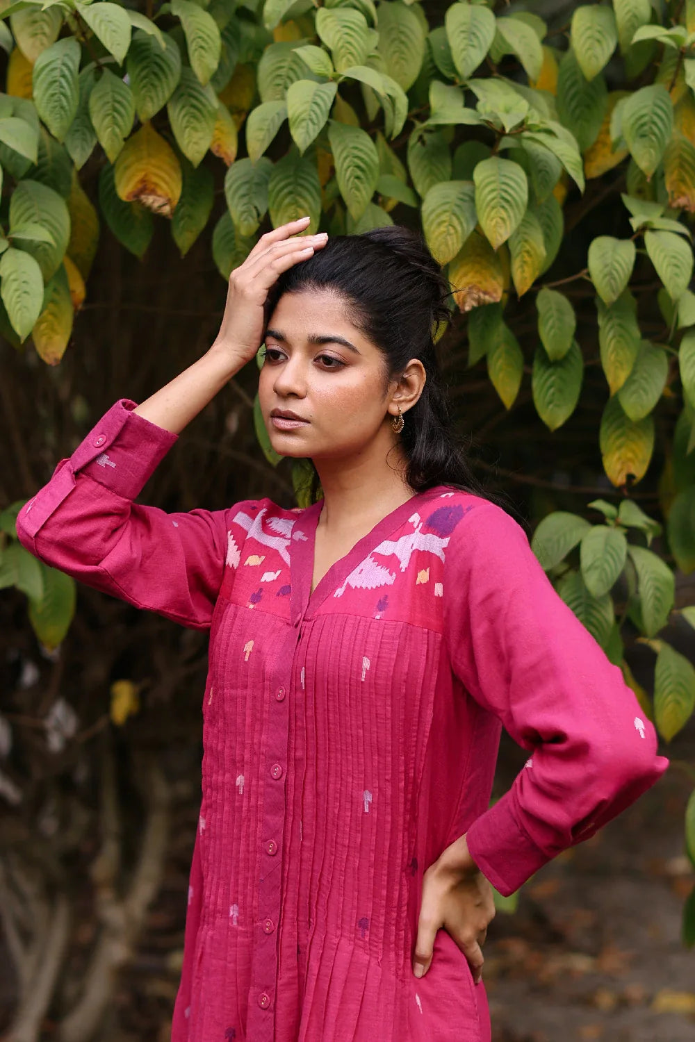 Handcrafted Fuchsia Pink Jamdani Dress with Silk Border for Casual Wear