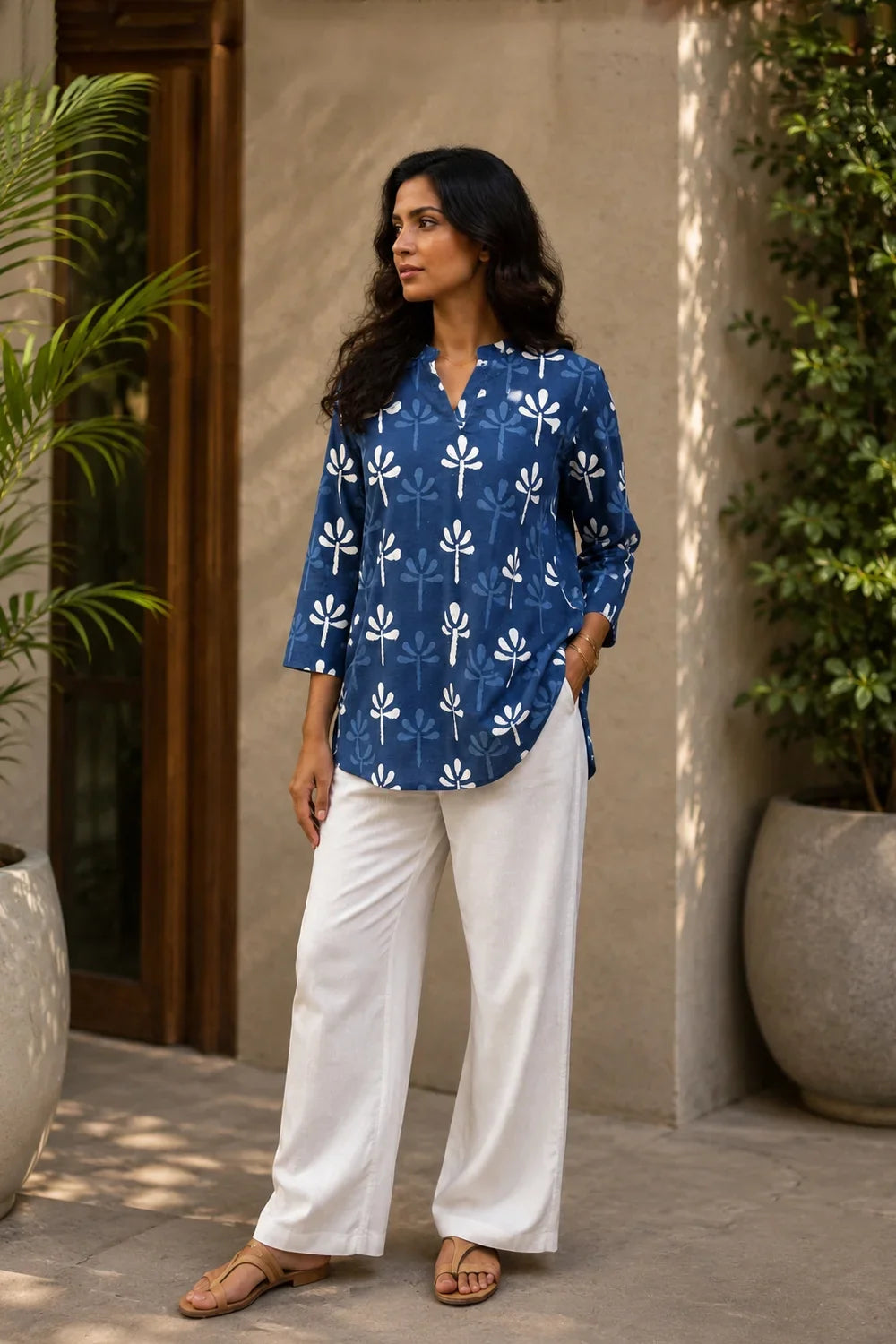 Handcrafted Indigo Blue Floral Block Print Cotton Top for Casual Everyday Wear