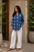 Handcrafted Indigo Blue Floral Block Print Cotton Top for Casual Everyday Wear