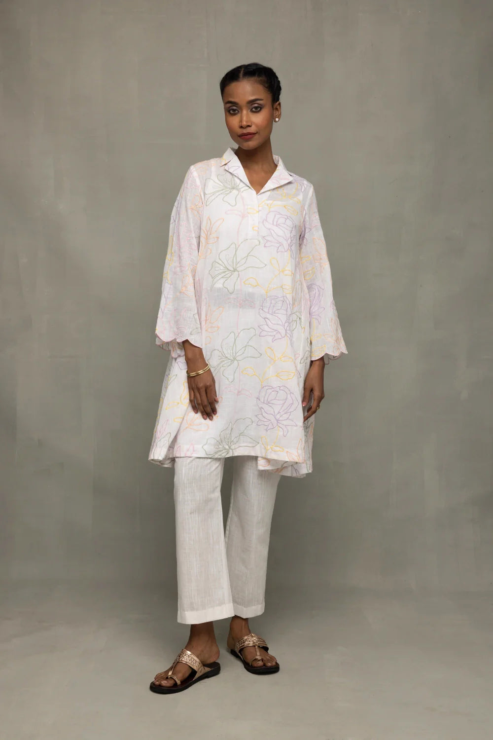 Handcrafted Ivory South Cotton Floral Embroidered Co-ord Set for Festive Wear