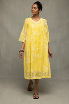 Handcrafted Lemon Light Mul Chanderi Embroidered Dress for Festive Wear