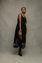Handcrafted Midnight Black Jamdani Tiered Midi Dress for Casual Wear