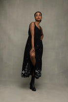 Midnight Black Handwoven Jamdani Tiered Midi Dress-Sutra Art of Clothing