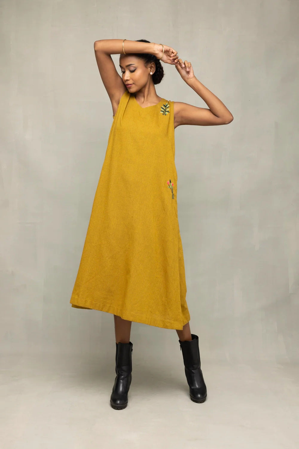 Handcrafted Olive Green Khadi Embroidered Dress for Casual Everyday Wear