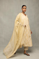 Handcrafted Sahara Gold Block Print Angrakha Kurta Set with Dupatta