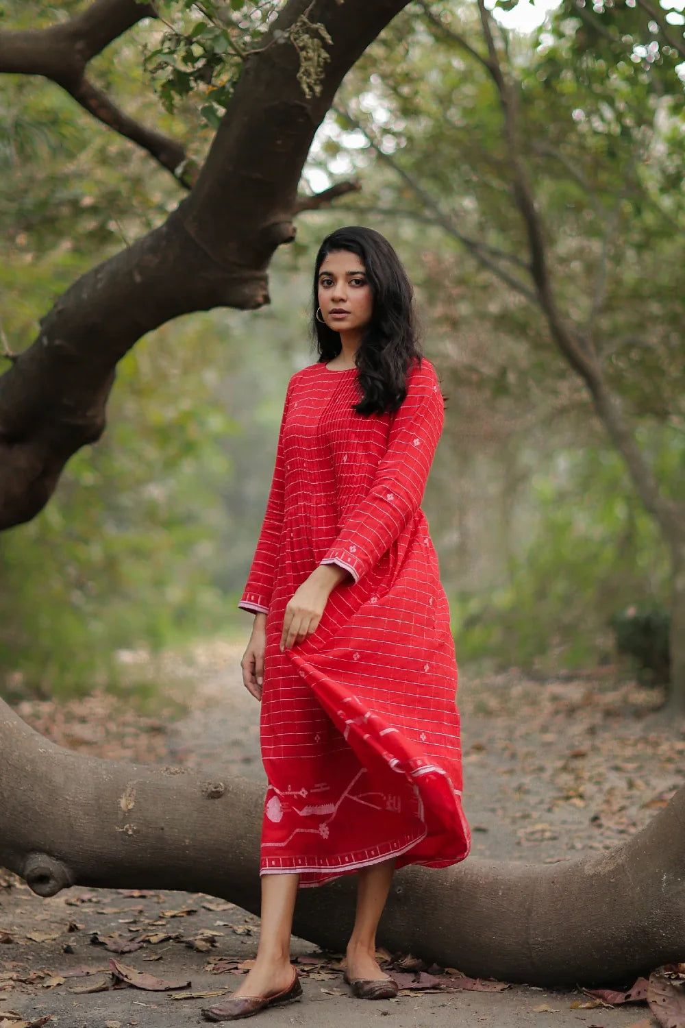 Handcrafted Scarlet Red Jamdani Cotton Dress for Casual Wear